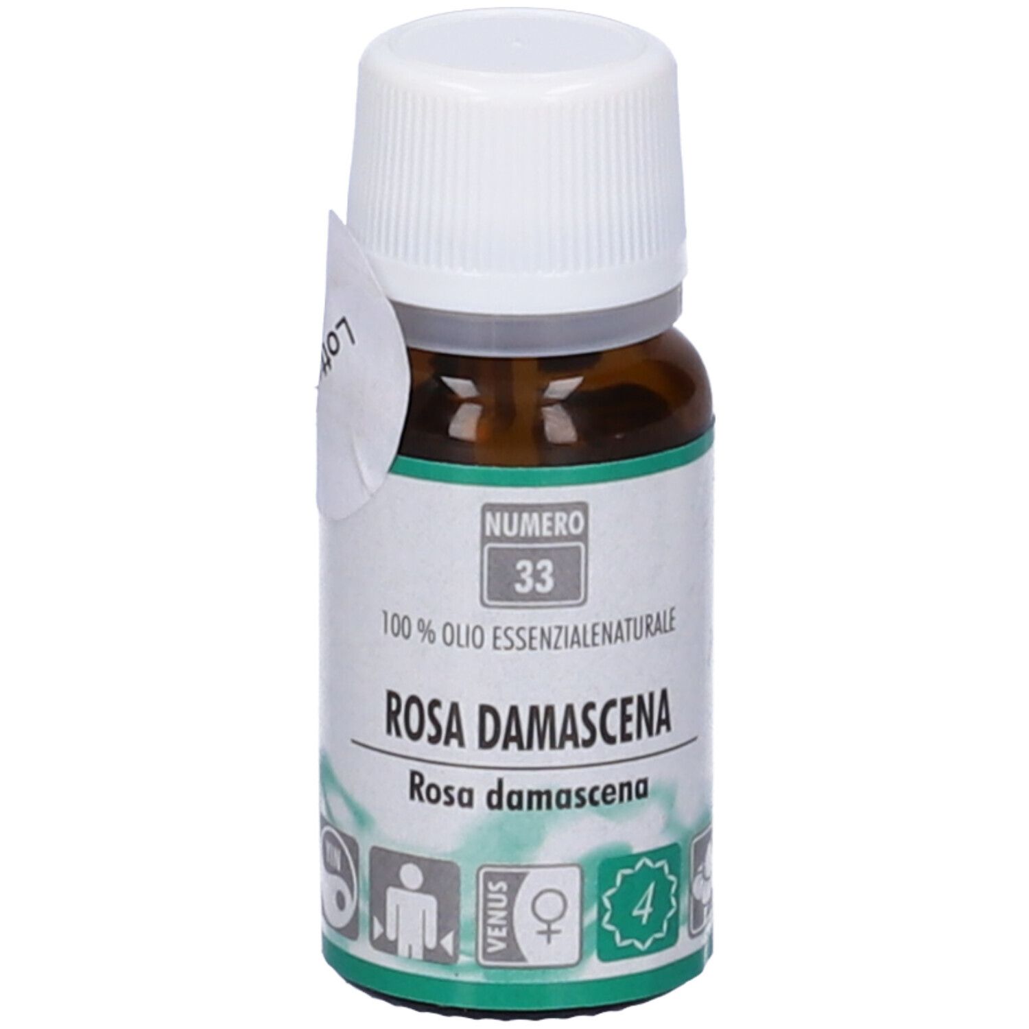 Flacone di vetro marrone con tappo bianco. Etichetta: Rosa Damascena. Numero 33. Contenuto non visibile.