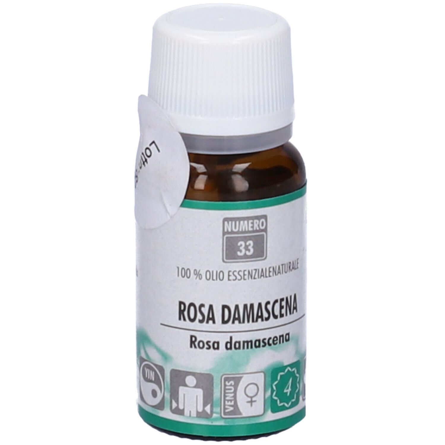 Flacone di vetro marrone con tappo bianco. Etichetta: Rosa Damascena. Numero 33. Contenuto non visibile.