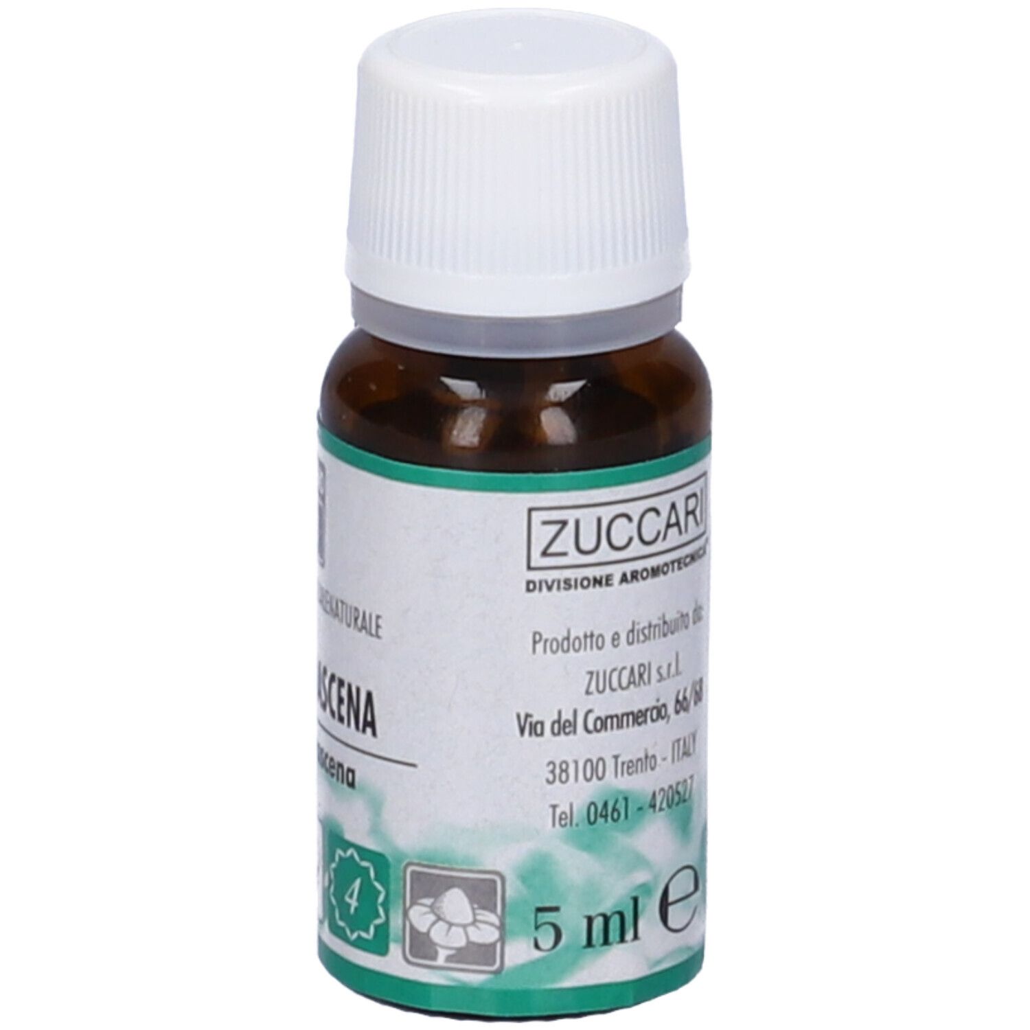 Flacone di vetro marrone con tappo bianco. Etichetta: Rosa Damascena. Marchio: Zuccari. Contenuto: 5 ml.