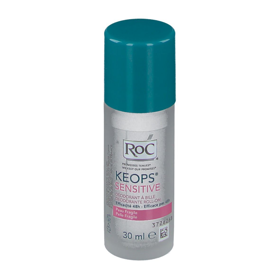 Déodorant roll-on avec bouchon bleu. Inscription: RoC Keops Sensitive. 30 ml.