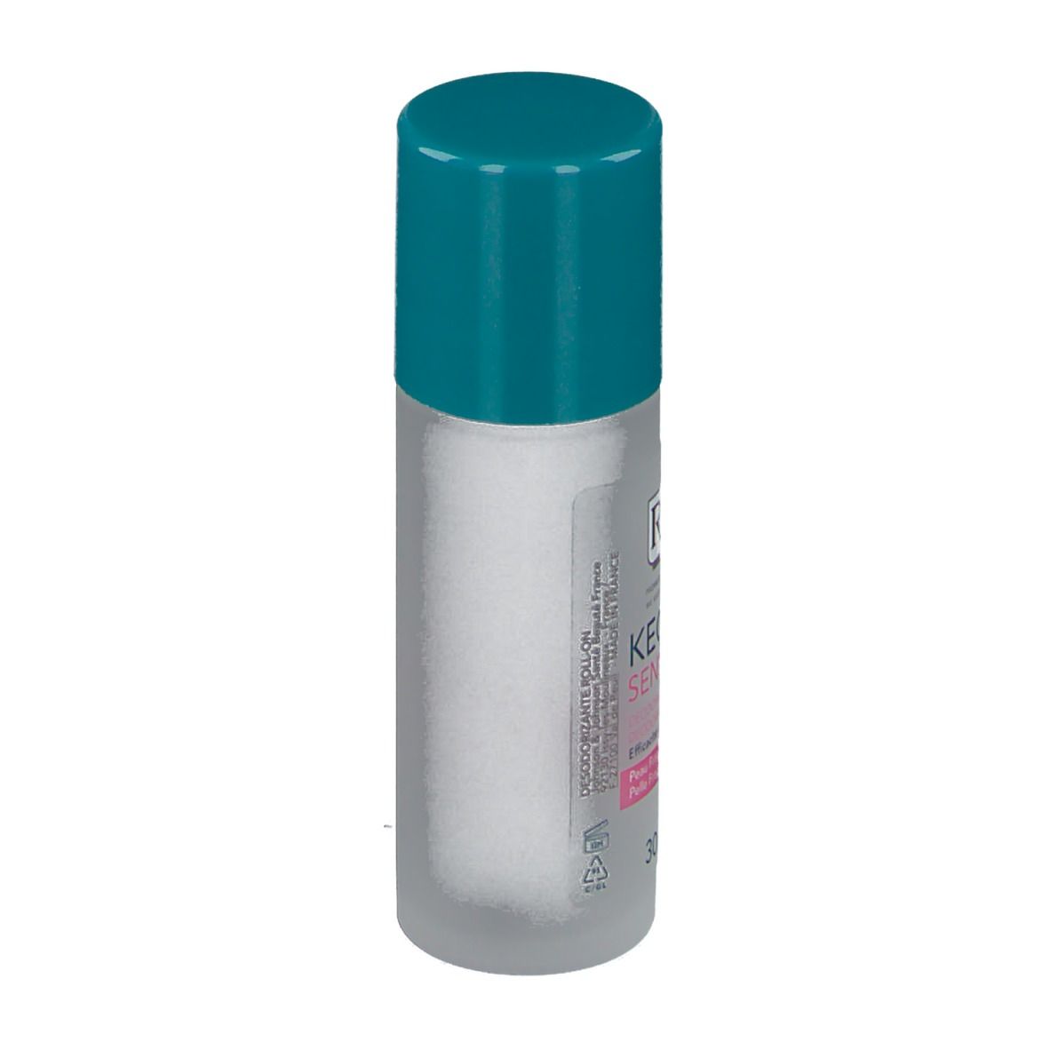 Déodorant roll-on avec bouchon bleu. Visible: contenu. Inscription: Keops Sensitive.