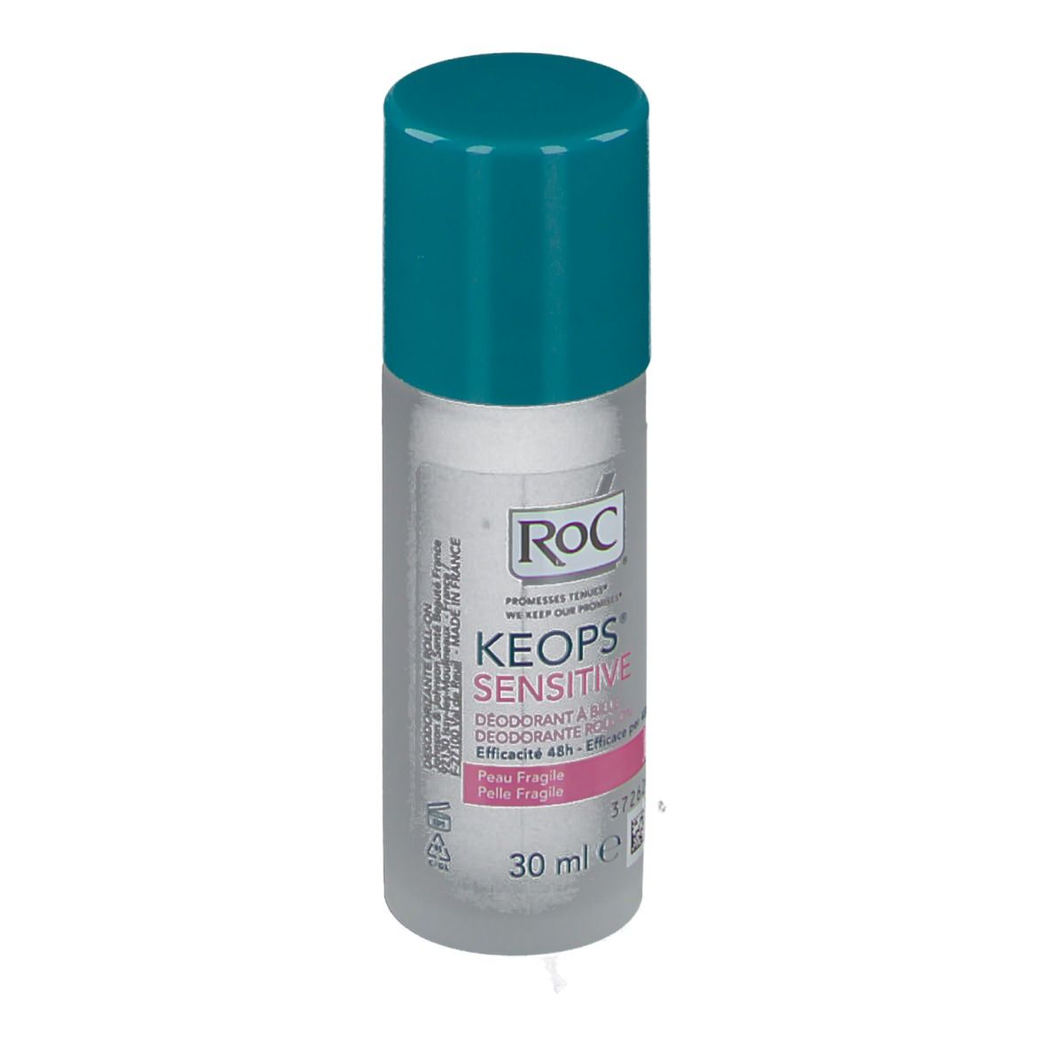 Déodorant roll-on avec bouchon bleu. Inscription: RoC Keops Sensitive. 30 ml.