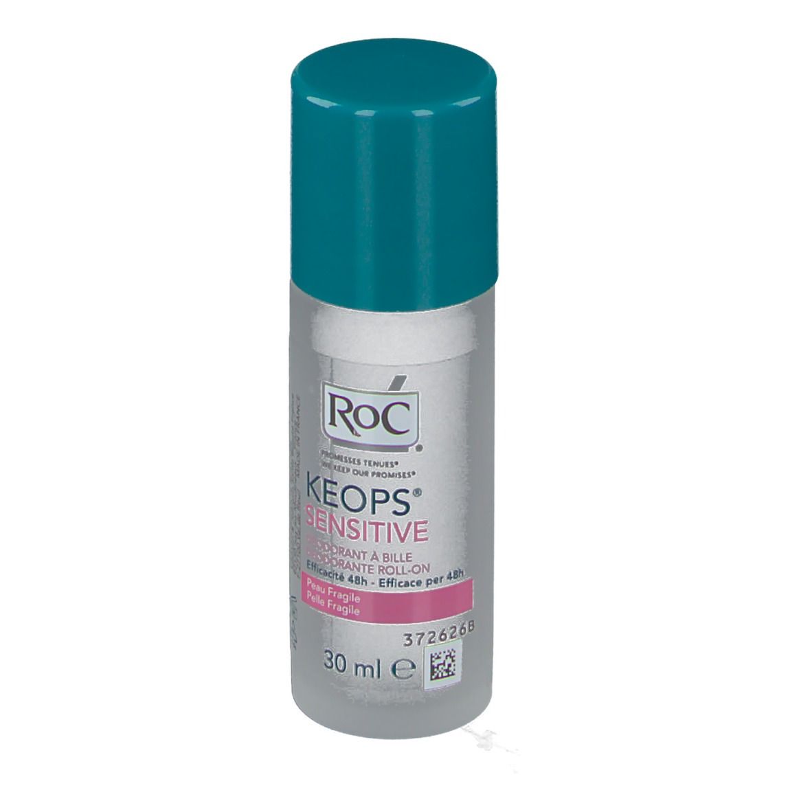 Déodorant roll-on avec bouchon bleu. Inscription: RoC Keops Sensitive. 30 ml.