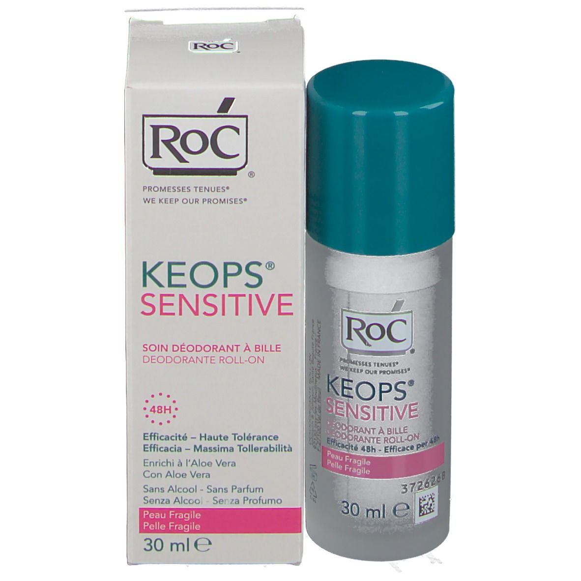 Déodorant roll-on et emballage. Inscription: RoC Keops Sensitive. 30 ml.