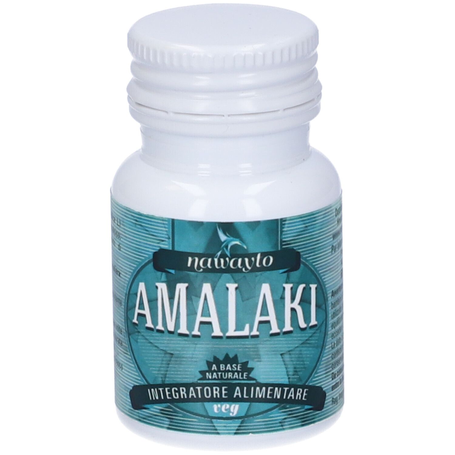 Flacone bianco con etichetta blu-verde. Scritta: Amalaki, Integratore Alimentare, veg. Tappo e flacone bianchi.
