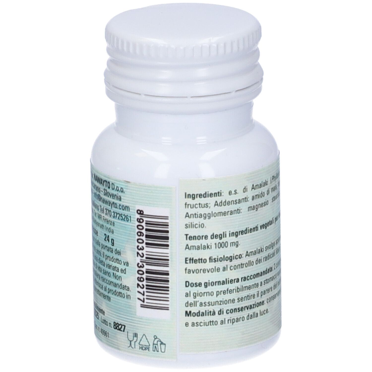 Vista posteriore del flacone bianco con etichetta blu-verde. Testo: ingredienti, dosaggio, informazioni produttore, numero di lotto.