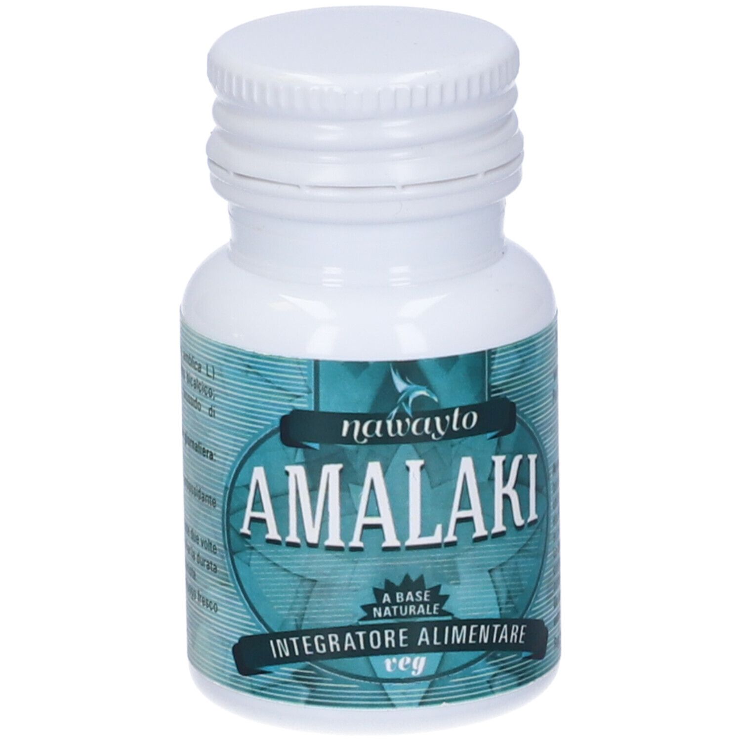 Flacone bianco con etichetta blu-verde. Scritta: Amalaki, Integratore Alimentare, veg. Tappo e flacone bianchi.