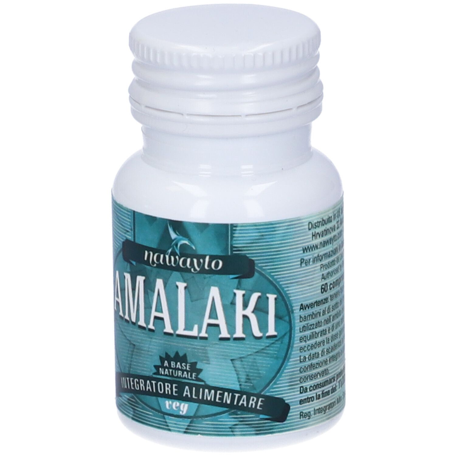 Flacone bianco con etichetta blu-verde. Scritta: Amalaki, Integratore Alimentare, veg. 60 compresse. Tappo e flacone bianchi.