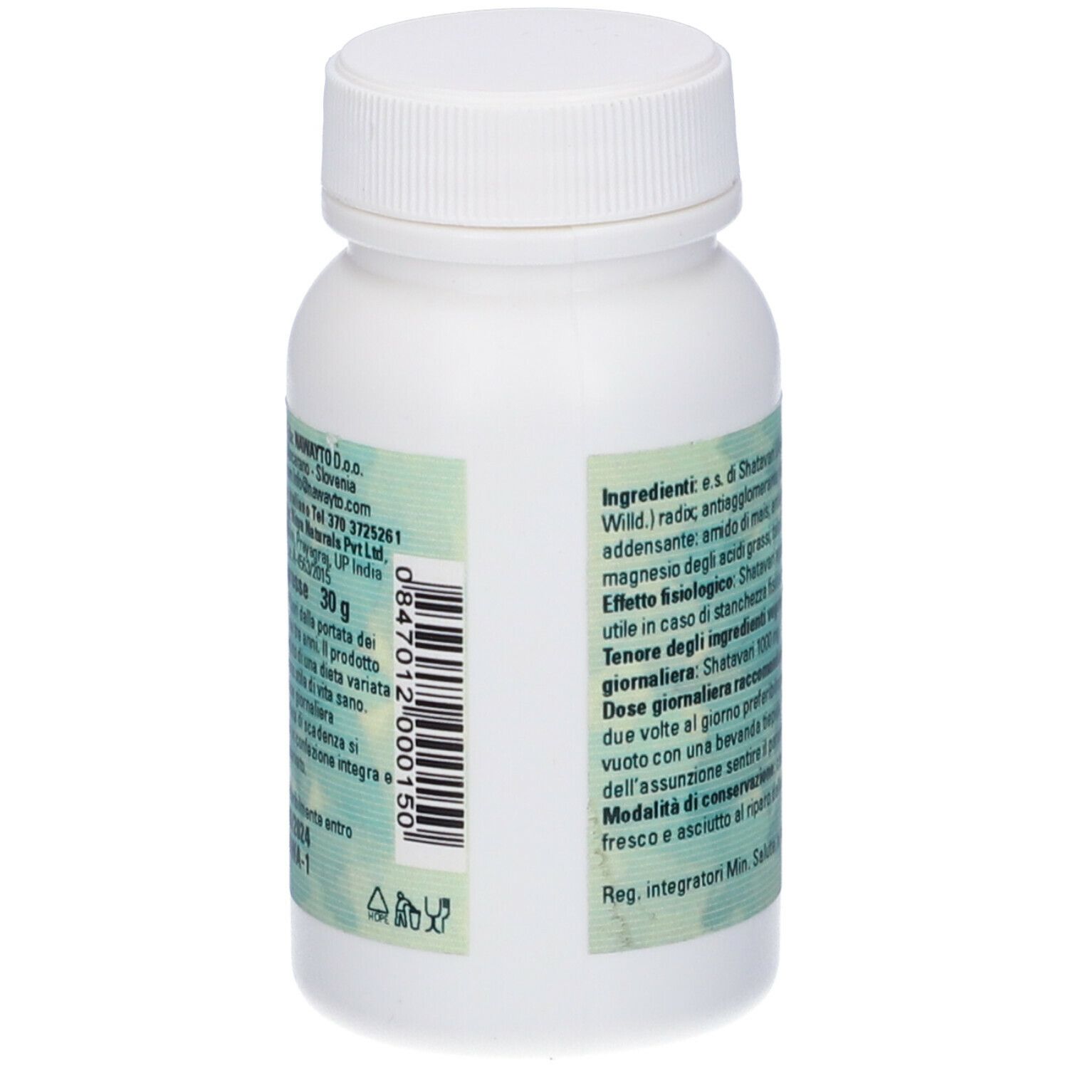 Retro di flacone bianco con etichetta verde. Testo: ingredienti, raccomandazioni di dosaggio.