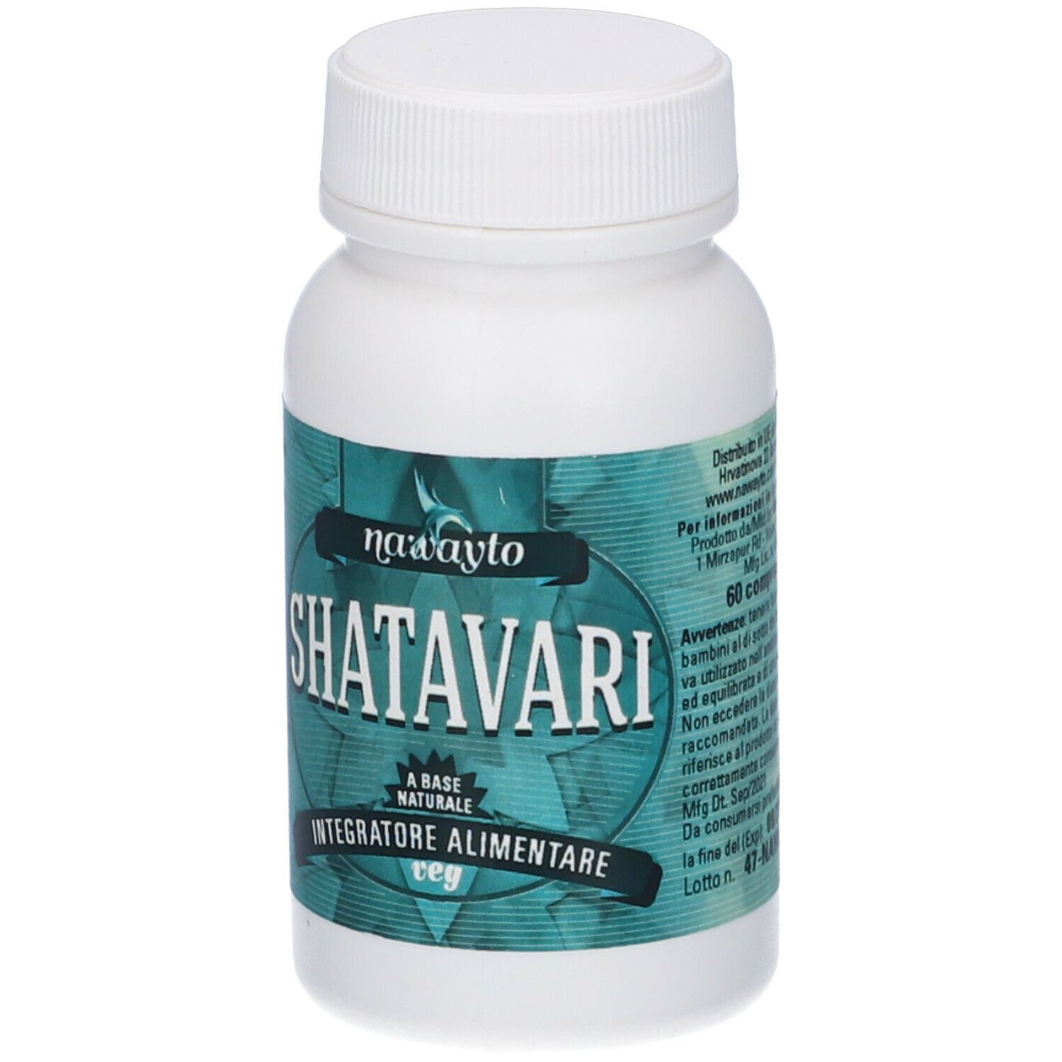 Flacone bianco con etichetta verde. Scritta: Shatavari, integratore alimentare, 60 capsule.