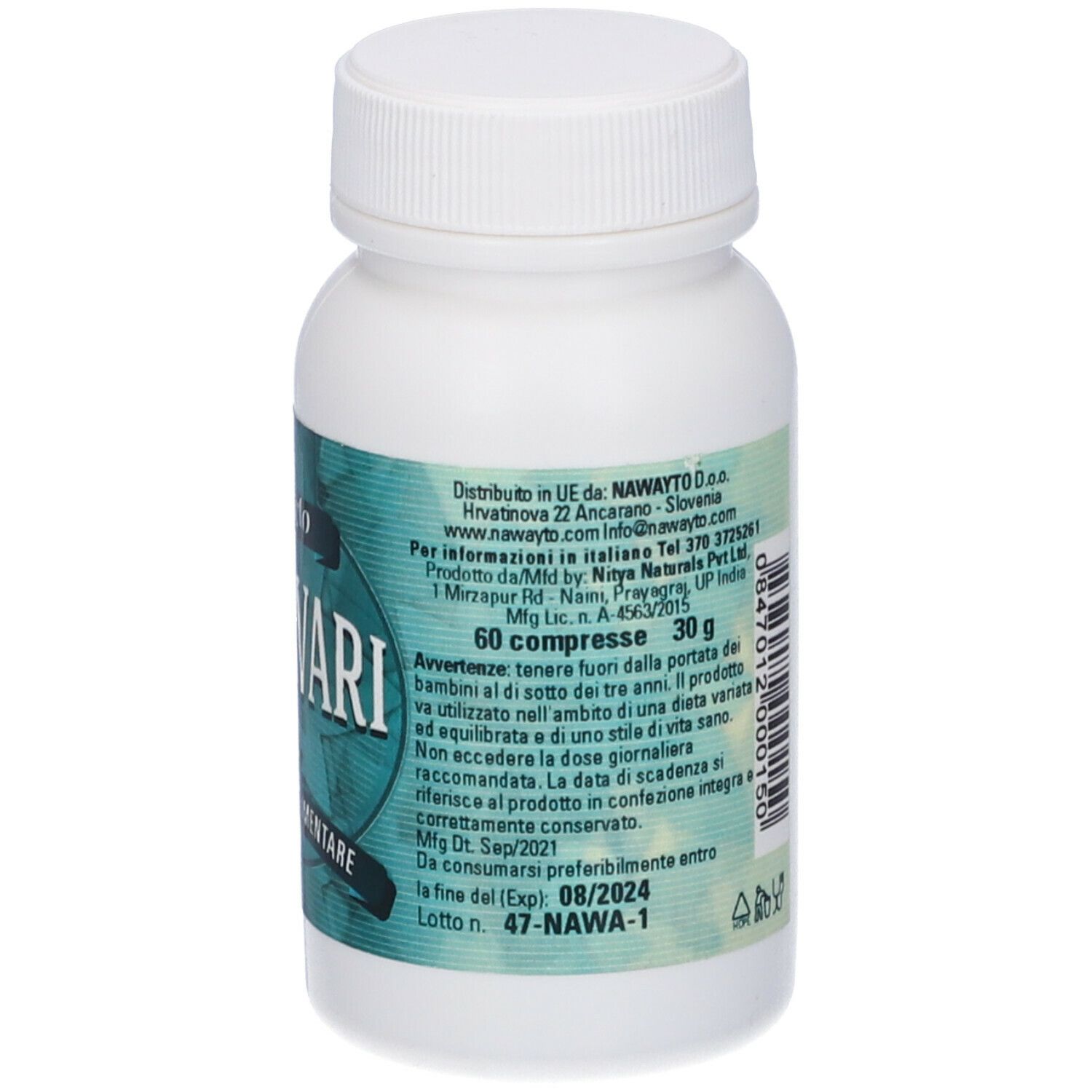 Flacone bianco con etichetta verde. Scritta: Shatavari, 60 compresse, 30g. Scadenza.