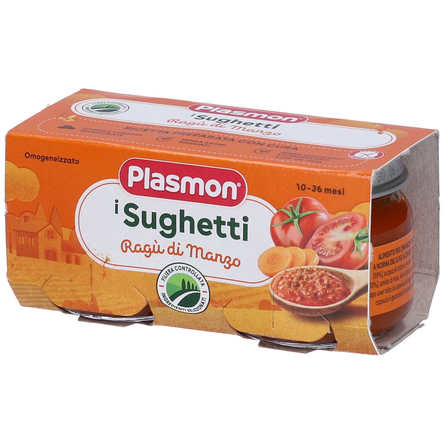 Confezione arancione con due vasetti Plasmon i Sughetti Ragù di Manzo. Logo e illustrazioni di pomodori e carote.