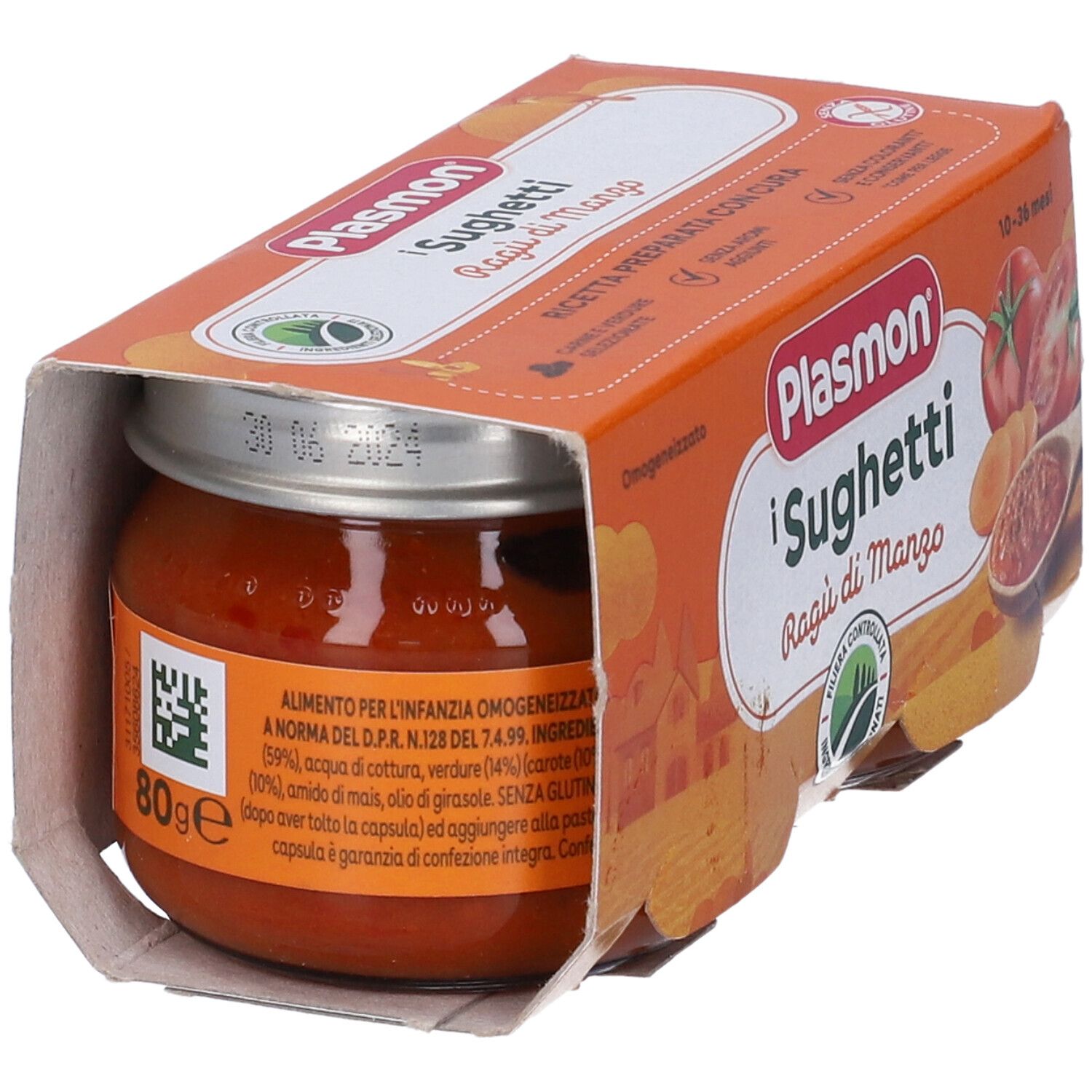 Vasetto di Ragù di Manzo in confezione arancione. Etichetta con informazioni e data di scadenza.