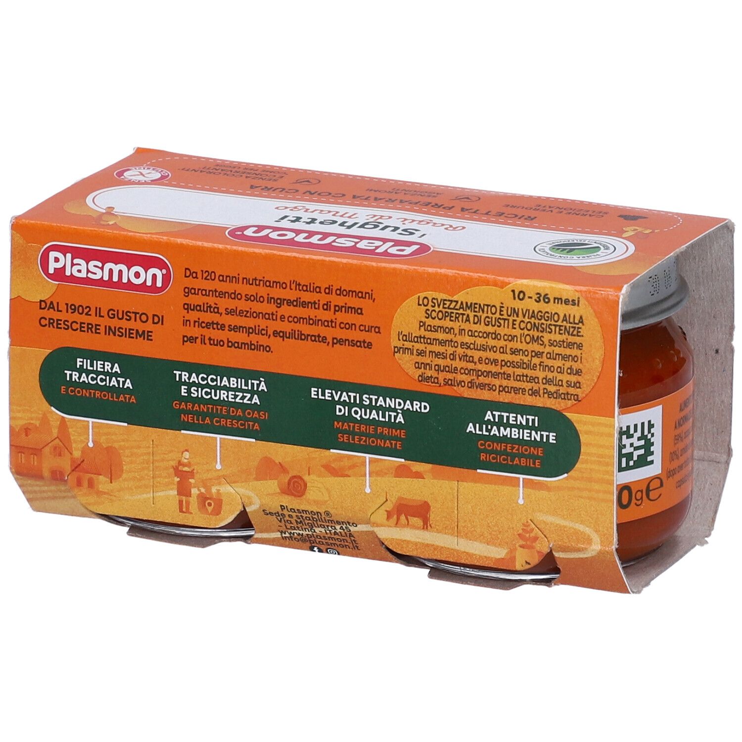 Retro della confezione con due vasetti Plasmon i Sughetti. Testo su qualità, sicurezza e sostenibilità.