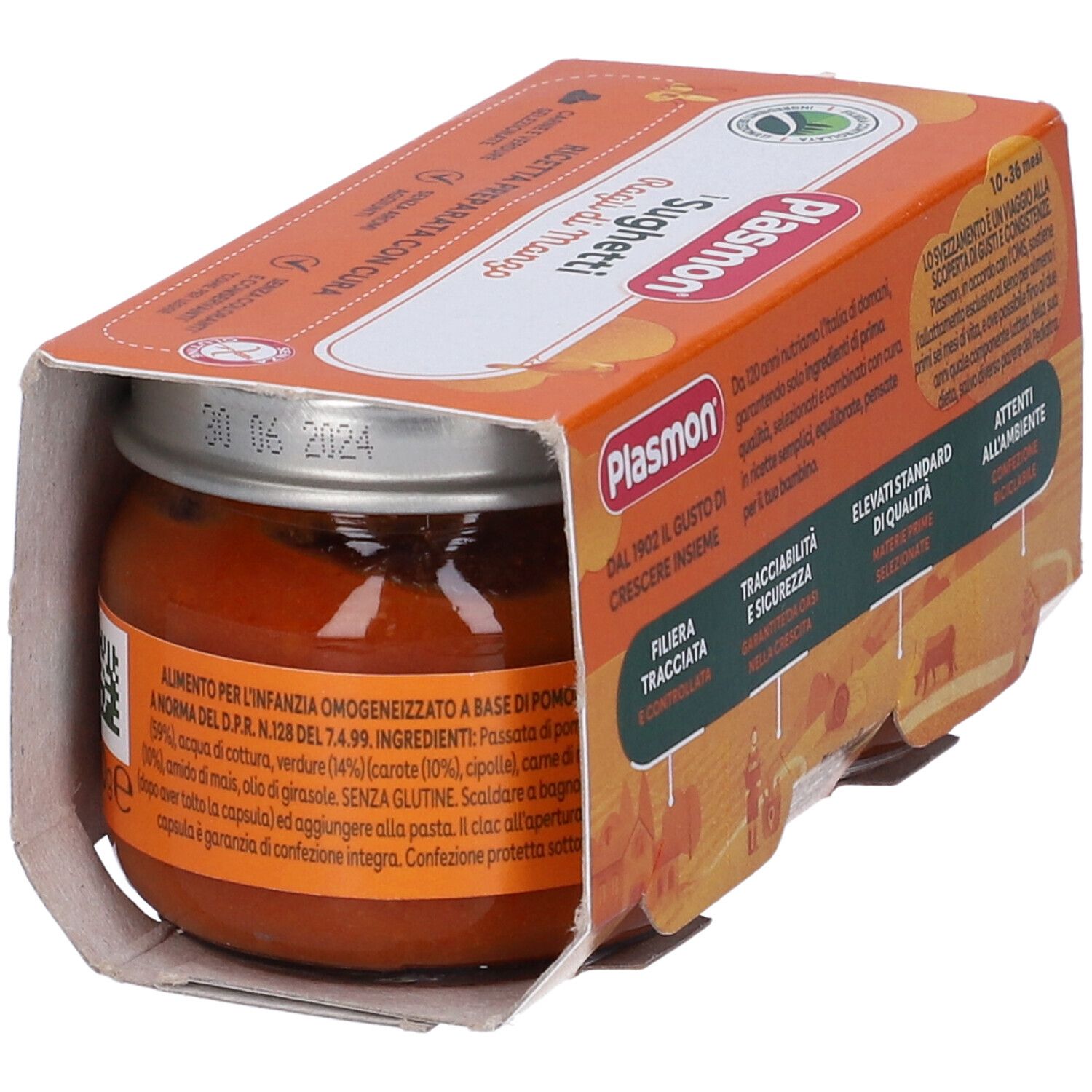 Vasetto di Ragù di Manzo in confezione arancione. Etichetta con informazioni e data di scadenza.