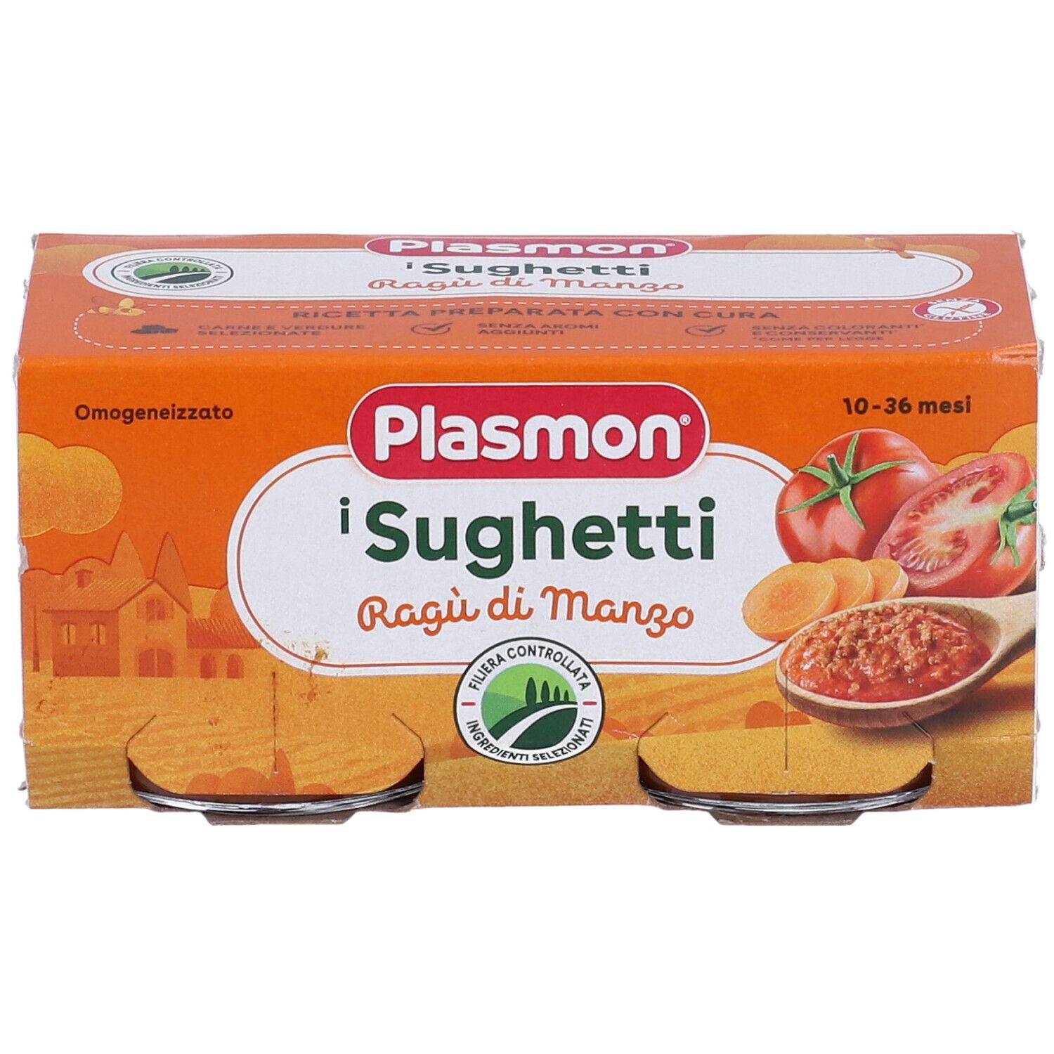 Confezione arancione con due vasetti Plasmon i Sughetti Ragù di Manzo. Logo e illustrazioni di pomodori e carote.