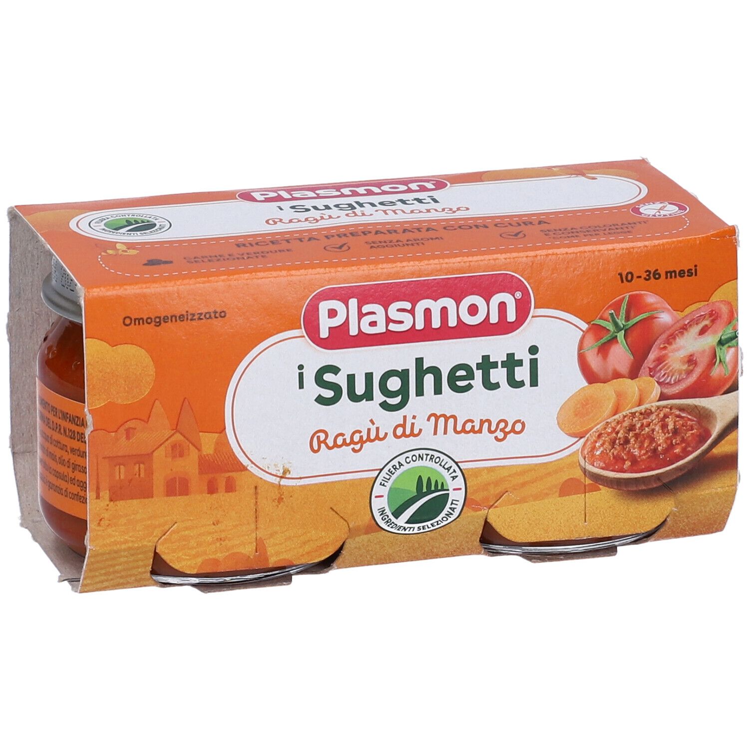 Confezione arancione con due vasetti Plasmon i Sughetti Ragù di Manzo. Logo e illustrazioni di pomodori e carote.