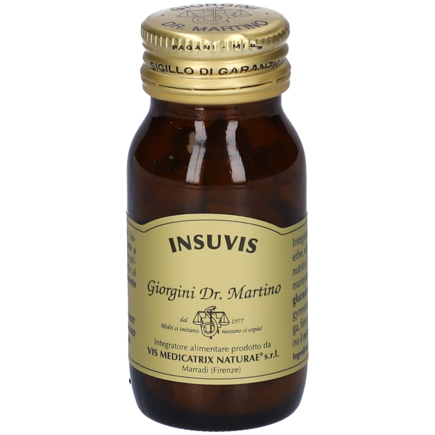Flacone di vetro marrone con tappo dorato. L'etichetta riporta "INSIVIS" e "Giorgini Dr. Martino".