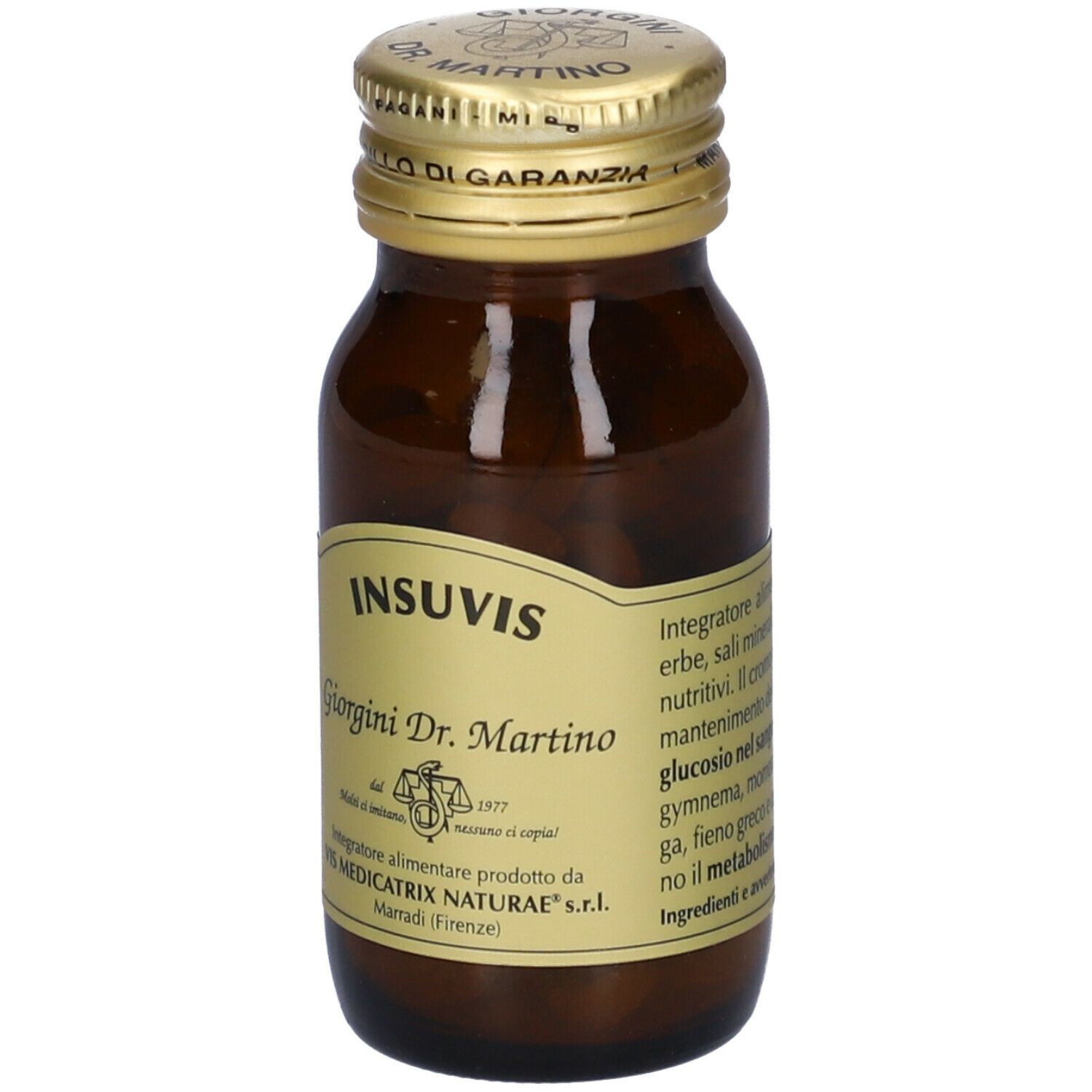 Flacone di vetro marrone con tappo dorato. L'etichetta riporta "INSIVIS" e "Giorgini Dr. Martino".