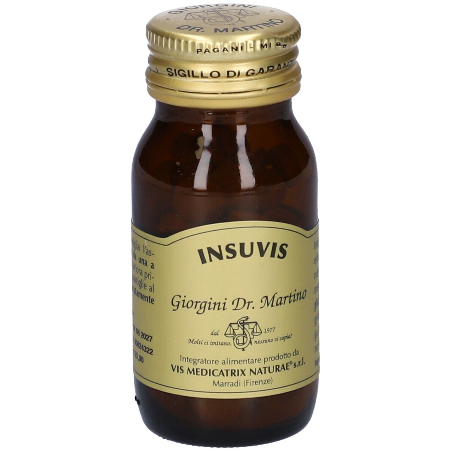Flacone di vetro marrone con tappo dorato. L'etichetta riporta "INSIVIS" e "Giorgini Dr. Martino".