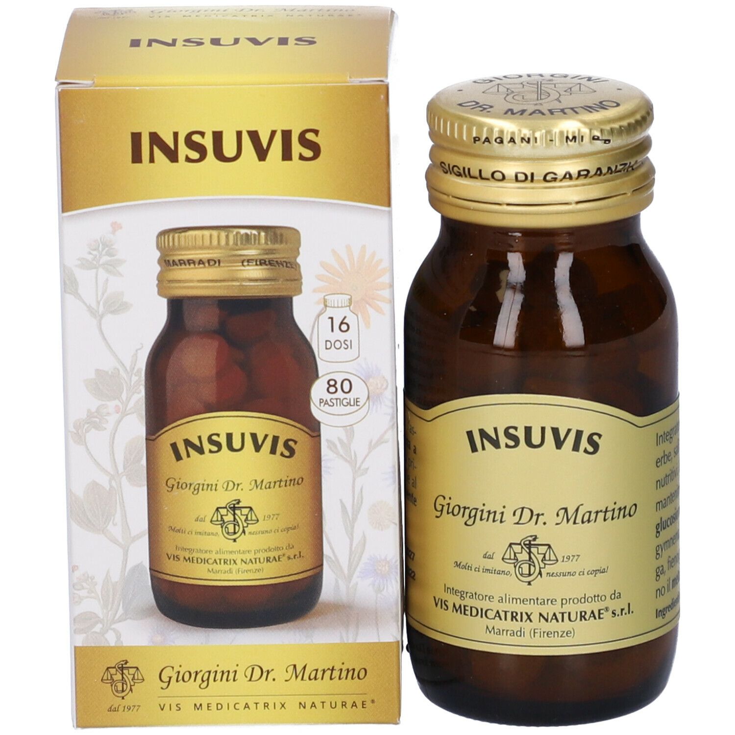Flacone di vetro marrone con tappo dorato e scatola. L'etichetta riporta "INSIVIS" e "Giorgini Dr. Martino".