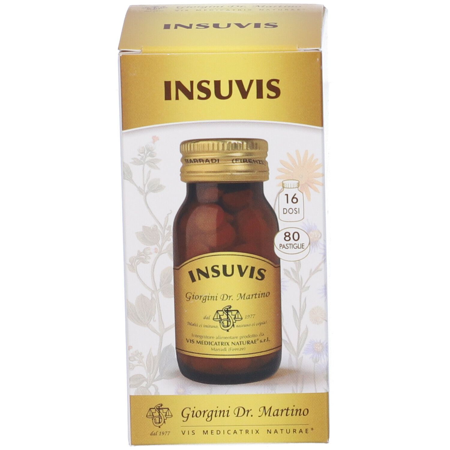 Scatola con flacone di vetro marrone. L'etichetta riporta "INSIVIS" e "Giorgini Dr. Martino".