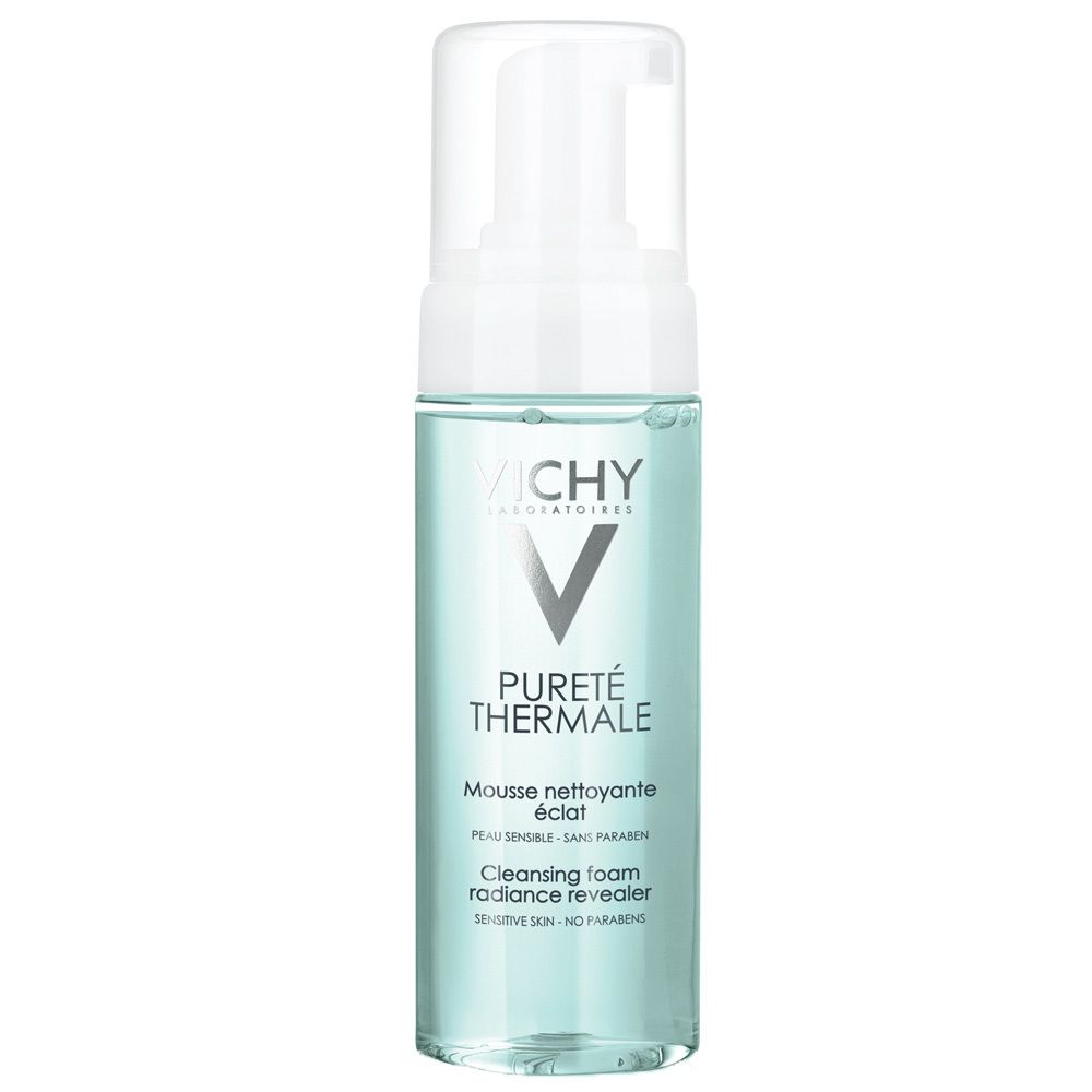 Flacone di schiuma detergente Vichy PURETÉ THERMALE. Liquido turchese. Tappo a pompa bianco.