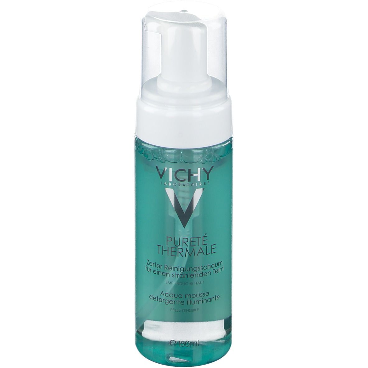 Flacone di schiuma detergente Vichy PURETÉ THERMALE. Liquido turchese. Tappo a pompa bianco.