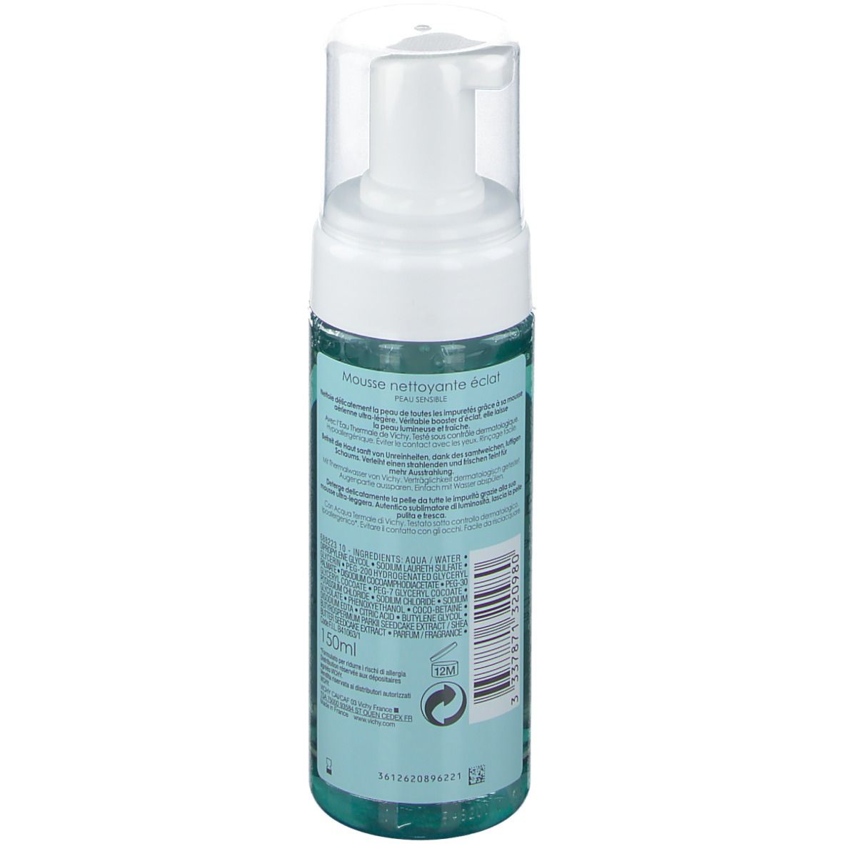 Retro del flacone di schiuma detergente Vichy PURETÉ THERMALE. Testo visibile. Liquido turchese.