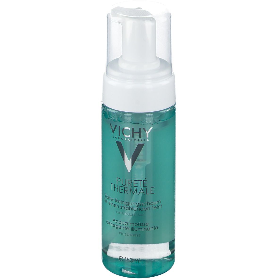Flacone di schiuma detergente Vichy PURETÉ THERMALE. Liquido turchese. Tappo a pompa bianco.