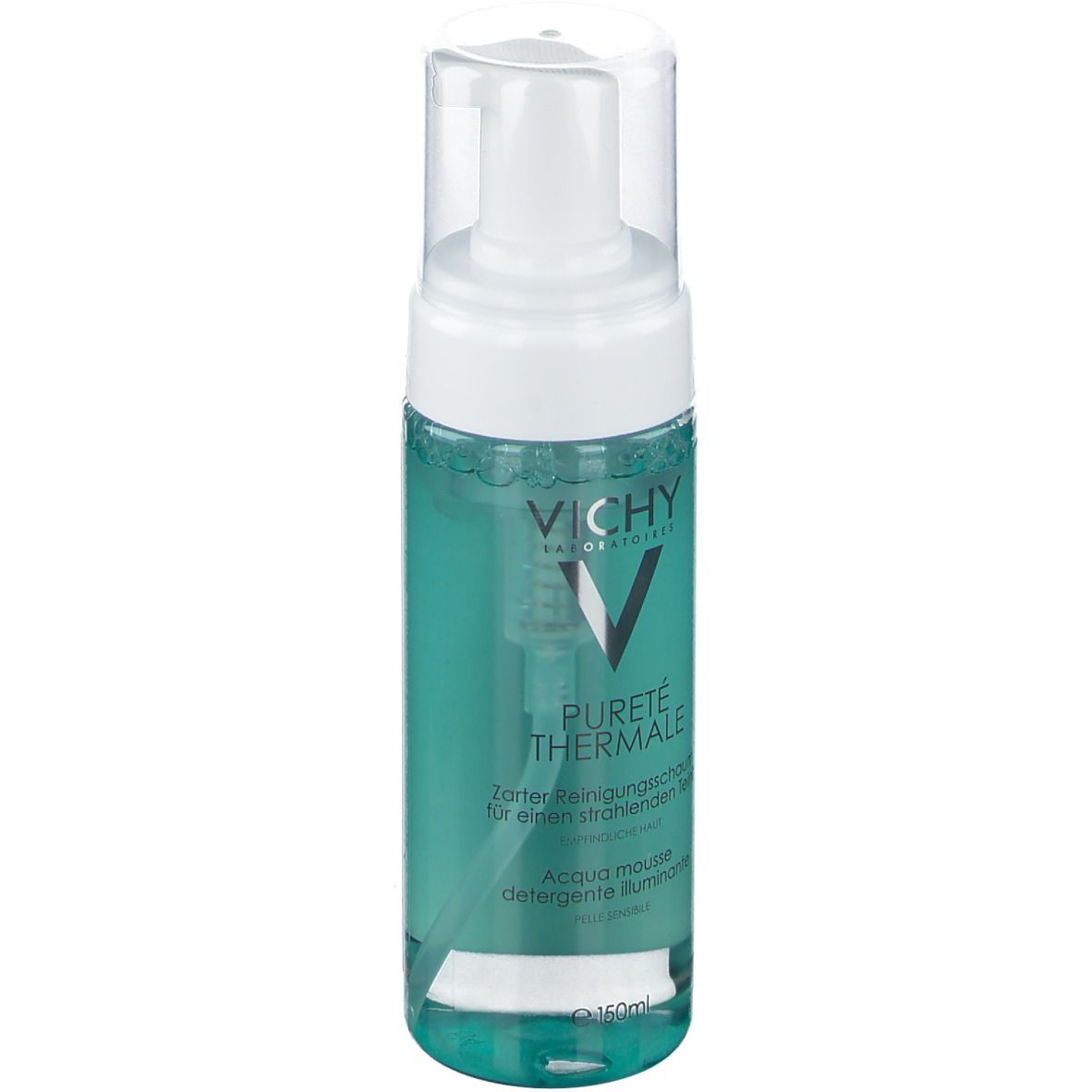 Flacone di schiuma detergente Vichy PURETÉ THERMALE. Liquido turchese. Tappo a pompa bianco.