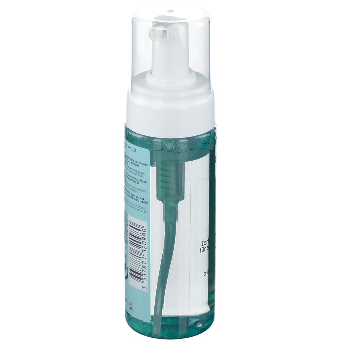 Retro del flacone di schiuma detergente Vichy PURETÉ THERMALE. Testo visibile. Liquido turchese.