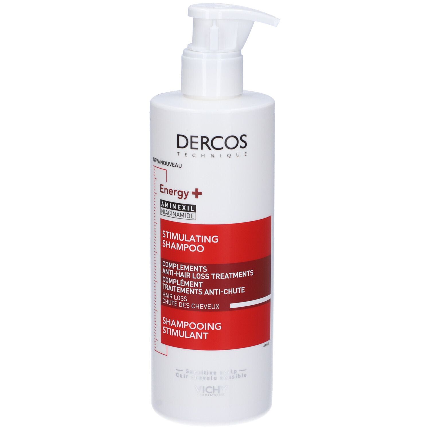 Flacone di shampoo bianco con dosatore. Striscia rossa con testo: Dercos, Energy+, Stimulating Shampoo, Anti-caduta. Logo: Vichy.