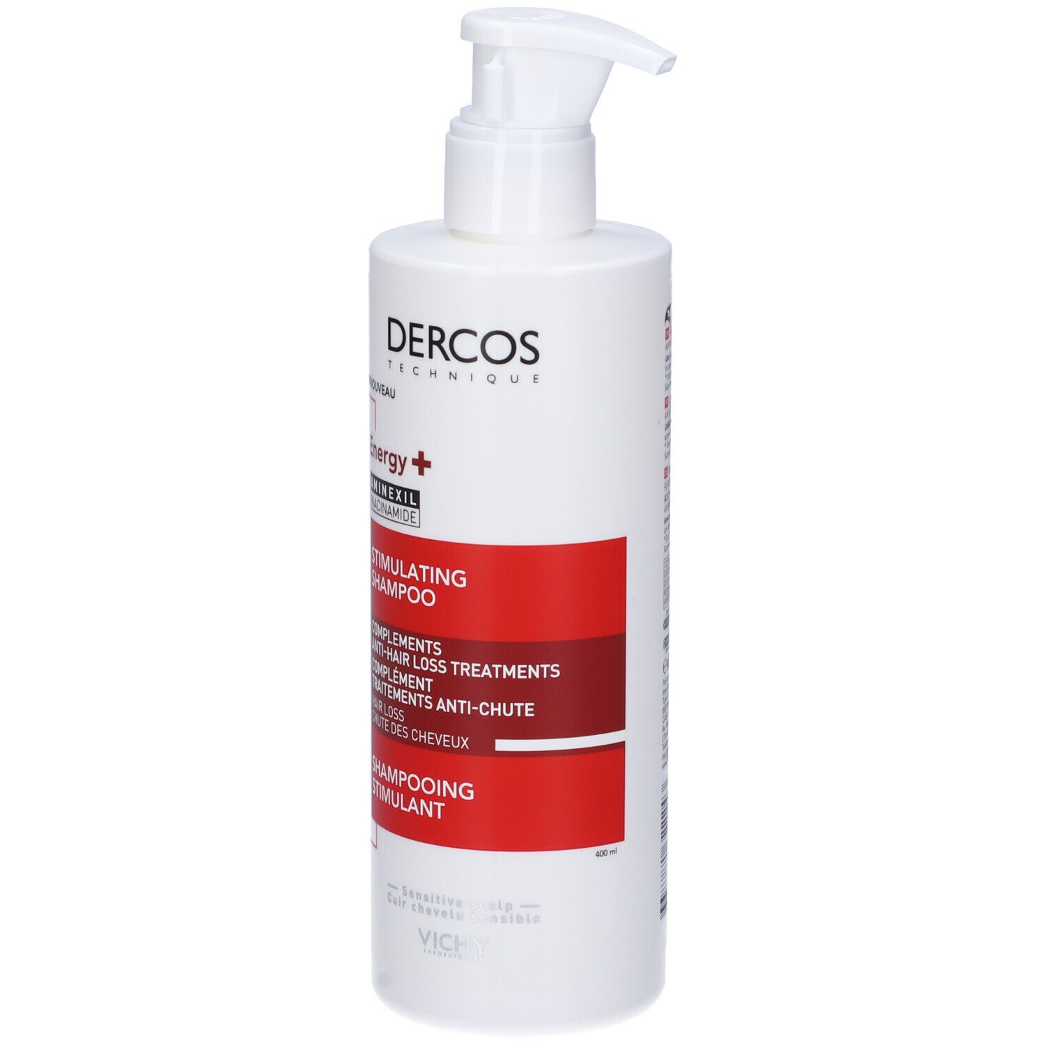 Flacone di shampoo bianco con dosatore. Striscia rossa con testo: Dercos, Energy+, Stimulating Shampoo, Anti-caduta. Logo: Vichy.