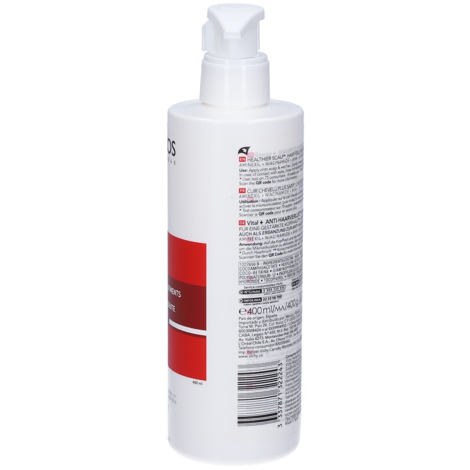 Flacone di shampoo bianco con dosatore. Retro con testo. Testo: Dercos, Energy+, Anti-caduta. Logo: Vichy.