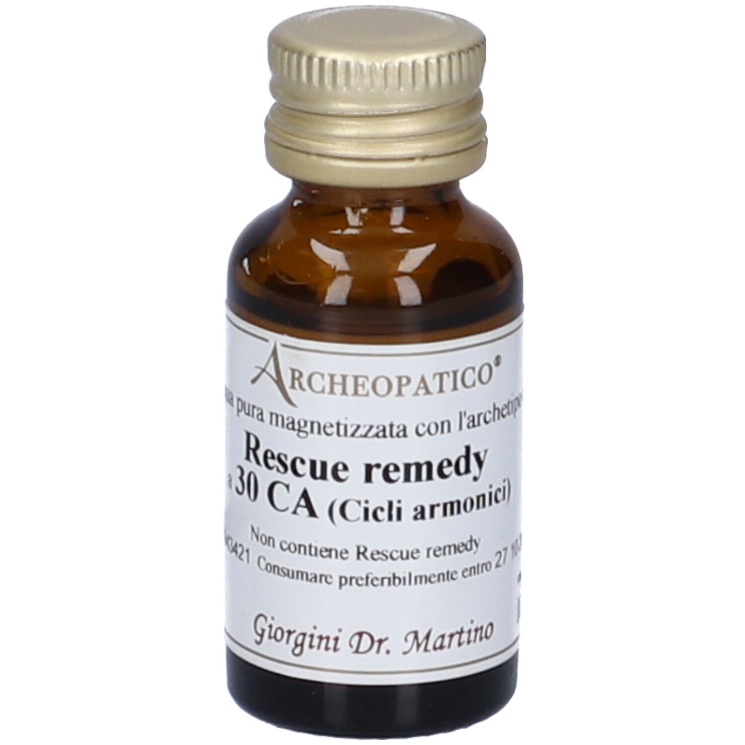 Flacone di vetro marrone con tappo dorato. Etichetta: Archeopatico, Rescue remedy, 30 CA, Giorgini Dr. Martino.