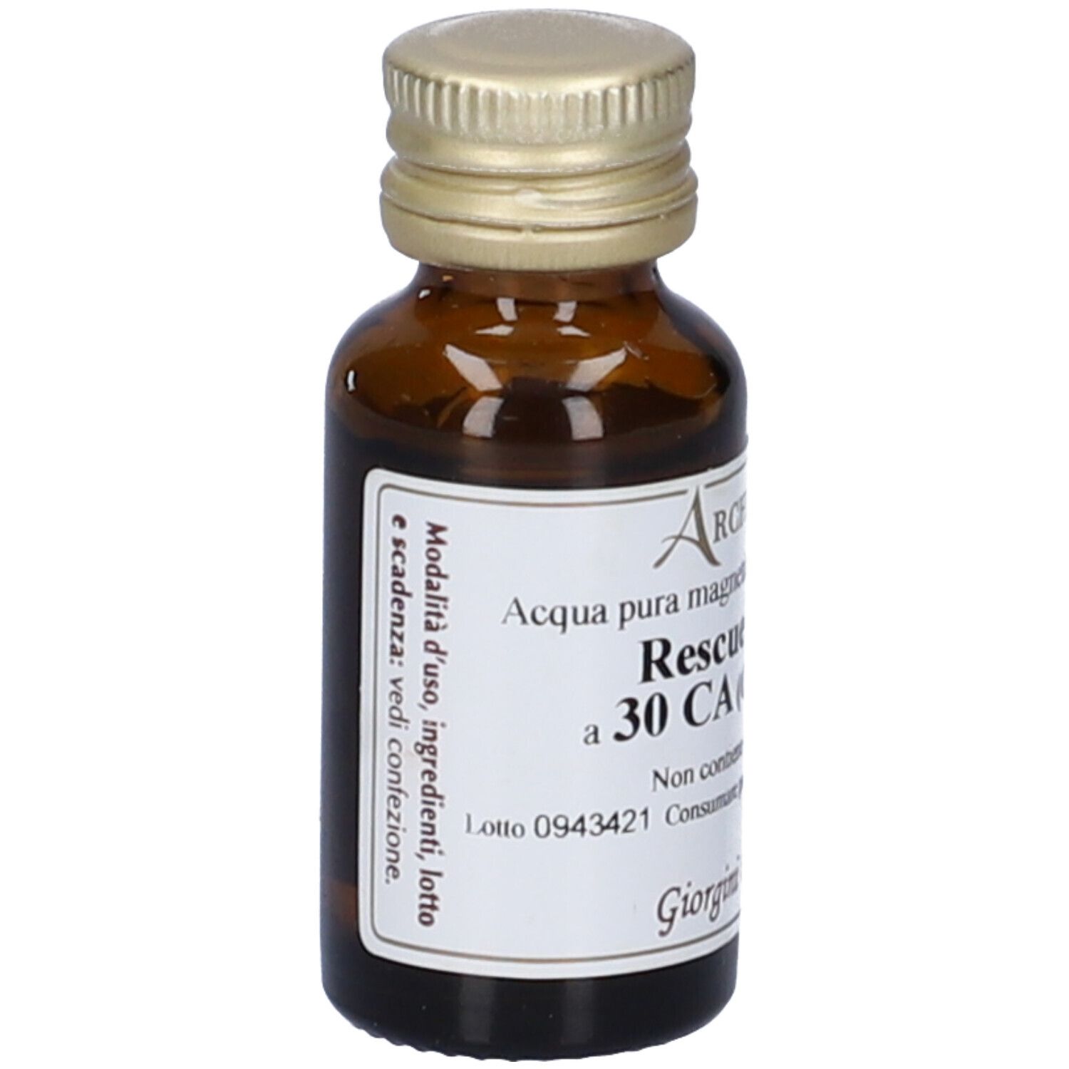Flacone di vetro marrone con tappo dorato. Etichetta: Archeopatico, Rescue remedy, 30 CA, Giorgini Dr. Martino.