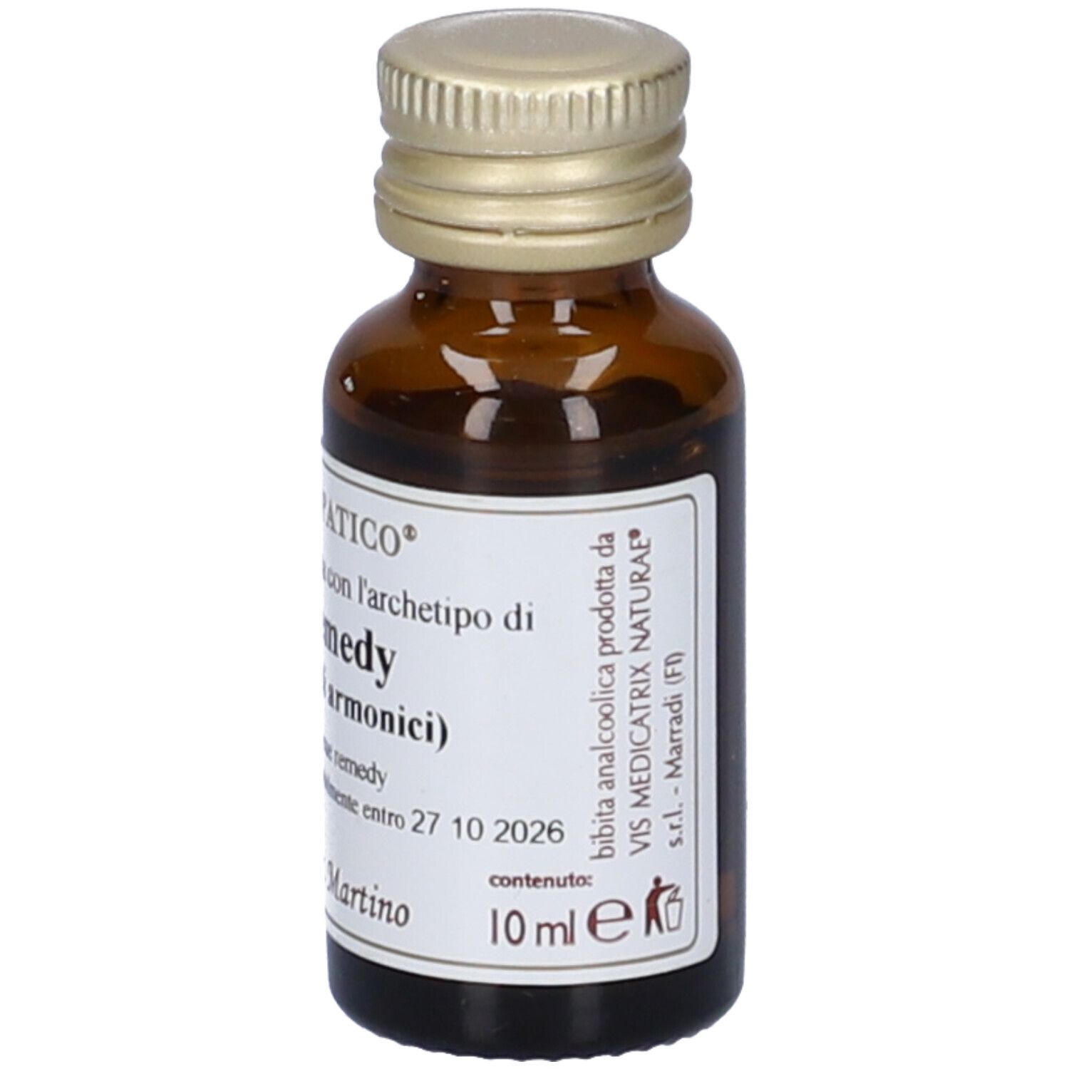 Flacone di vetro marrone con tappo dorato. Etichetta: 10 ml, Archeopatico, Rescue remedy, Giorgini Dr. Martino.