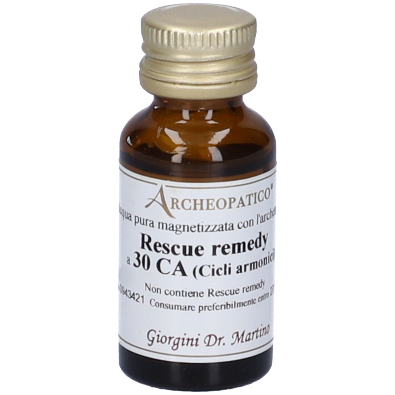 Flacone di vetro marrone con tappo dorato. Etichetta: Archeopatico, Rescue remedy, 30 CA, Giorgini Dr. Martino.