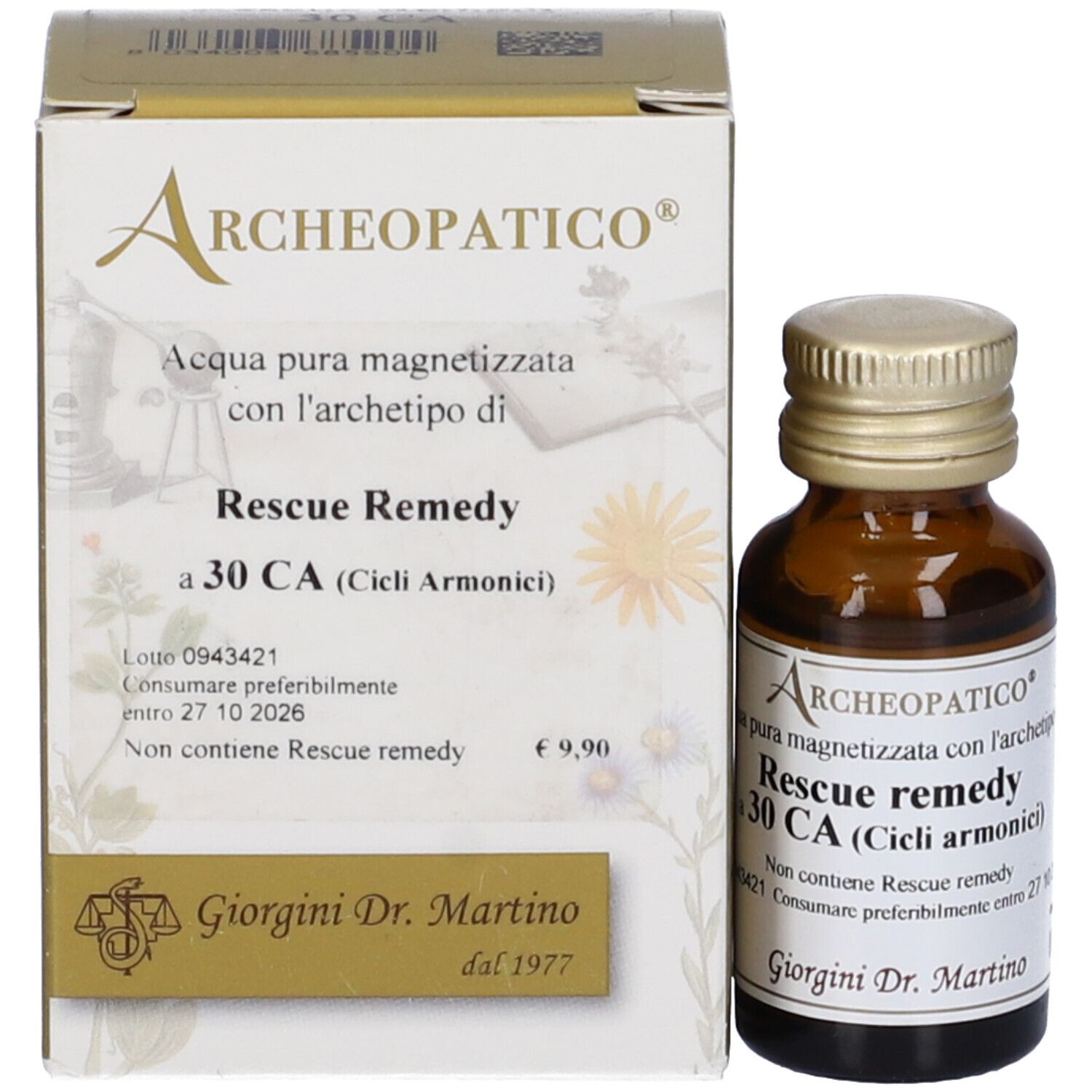Confezione e flacone. Confezione con testo: Archeopatico, Rescue remedy, 30 CA, Giorgini Dr. Martino.