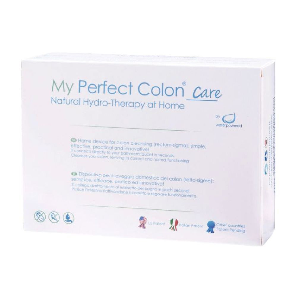 Confezione bianca "My Perfect Colon Care". Scritta blu: "Natural Hydro-Therapy at Home". Indicazioni brevetti.