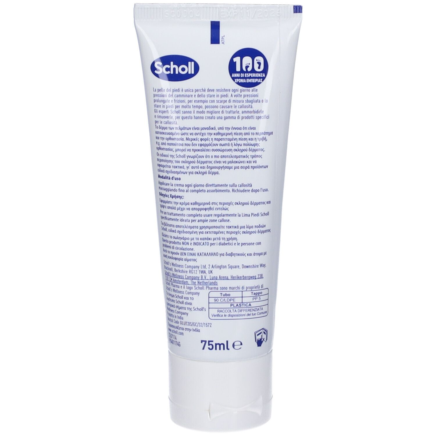 Rückseite der Creme-Tube. Aufschrift: Scholl, 100 Jahre Erfahrung. Enthält italienischen Text und Informationen zur Herstellung.