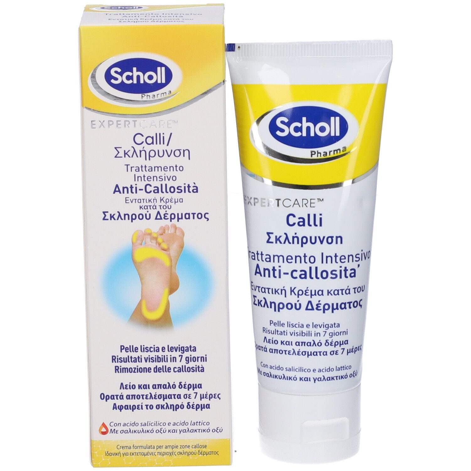 Produktverpackung und Creme-Tube. Verpackung: gelb-weiß, Aufschrift: Scholl, EXPERT CARE, Calli, Anti-callosità. Tube: weiß-gelb.