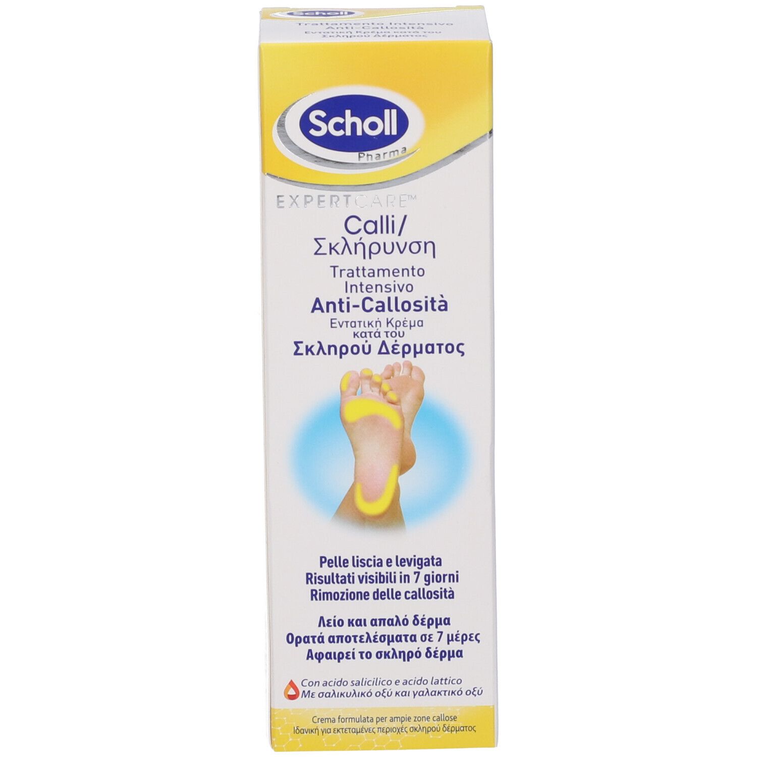 Produktverpackung. Gelb-weißes Design. Aufschrift: Scholl, EXPERT CARE, Calli, Anti-callosità. Abbildung eines Fußes.