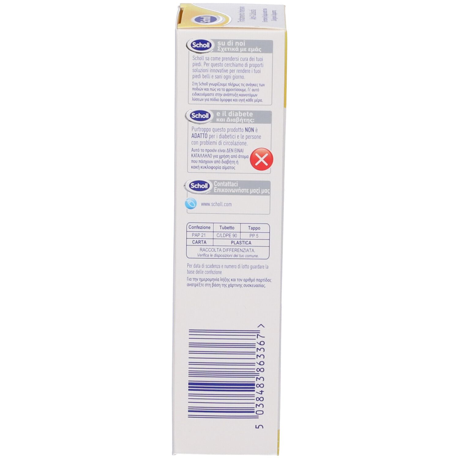 Produktverpackung, Seitenansicht. Aufschrift: Scholl, Informationen zur Anwendung, Warnhinweise, Barcode.