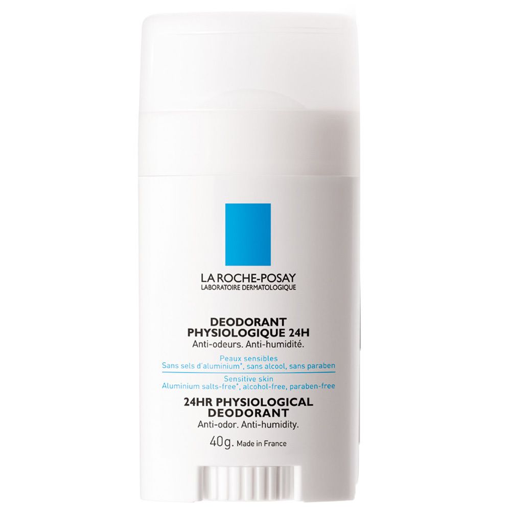 Stick deodorante bianco con logo blu. Testo: La Roche-Posay, Deodorant Physiologique 24h, anti-odore, anti-umidità. Per pelli sensibili. 40g.