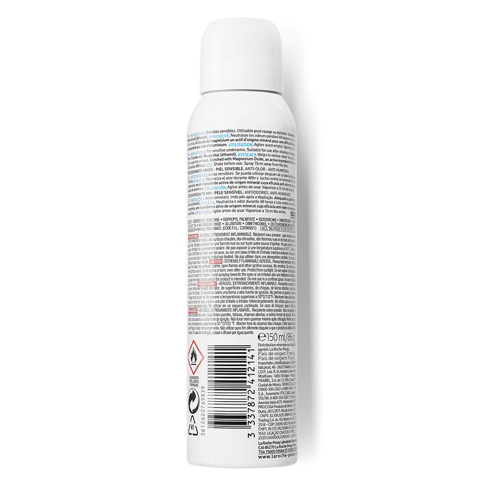 Retro dello spray deodorante bianco. Testo e codice a barre visibili. Avvertenze e informazioni sulla produzione.