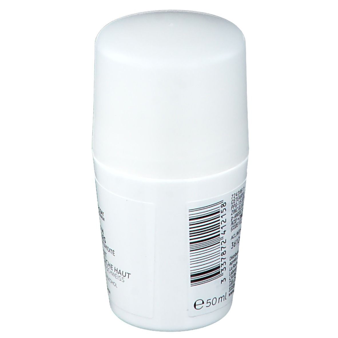 Weißer Roll-on-Deo. Rückseite mit Barcode und Text: 50 ml. Inhaltsstoffe und Kontaktinformationen.