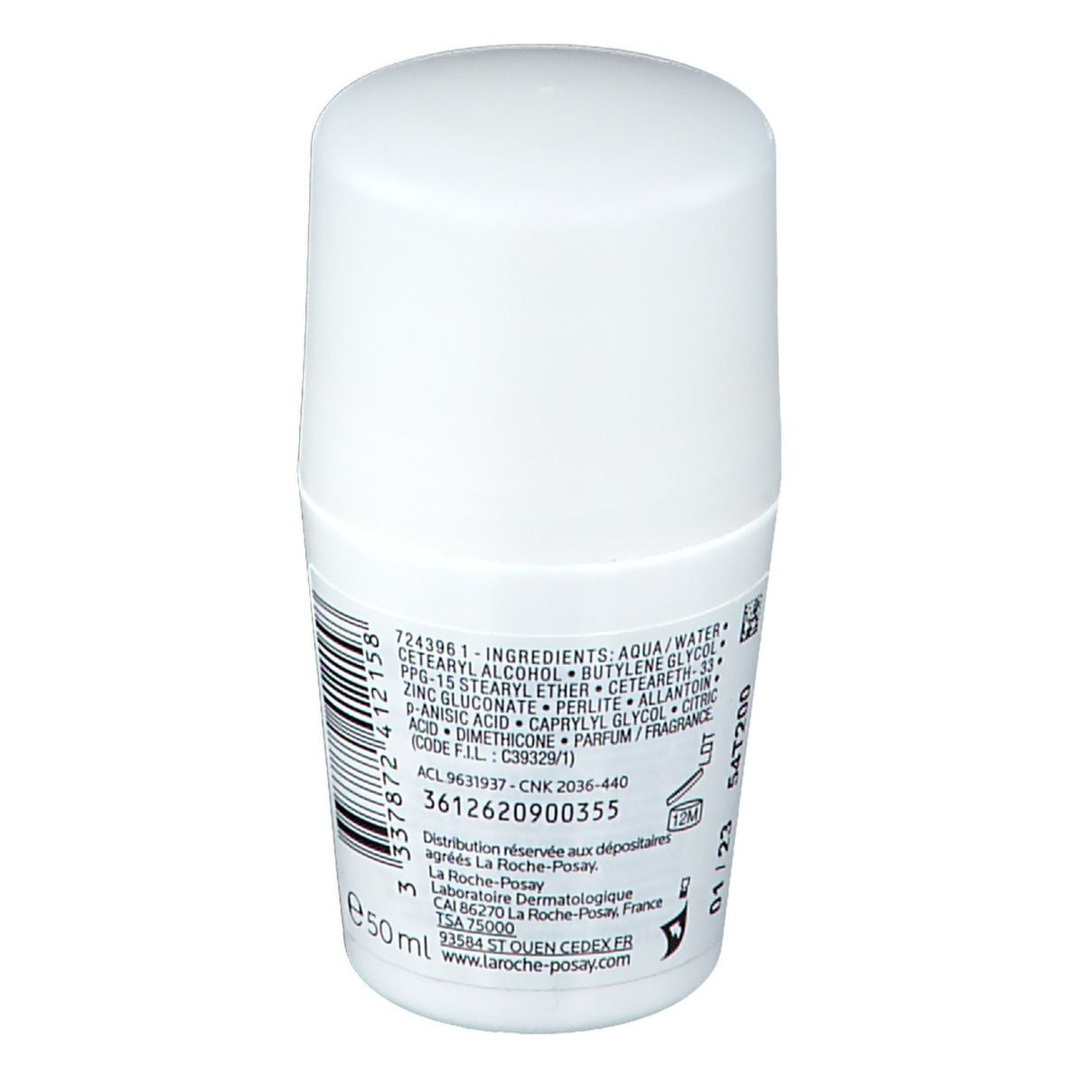 Weißer Roll-on-Deo. Rückseite mit Inhaltsstoffen, Barcode und Kontaktinformationen. 50 ml.