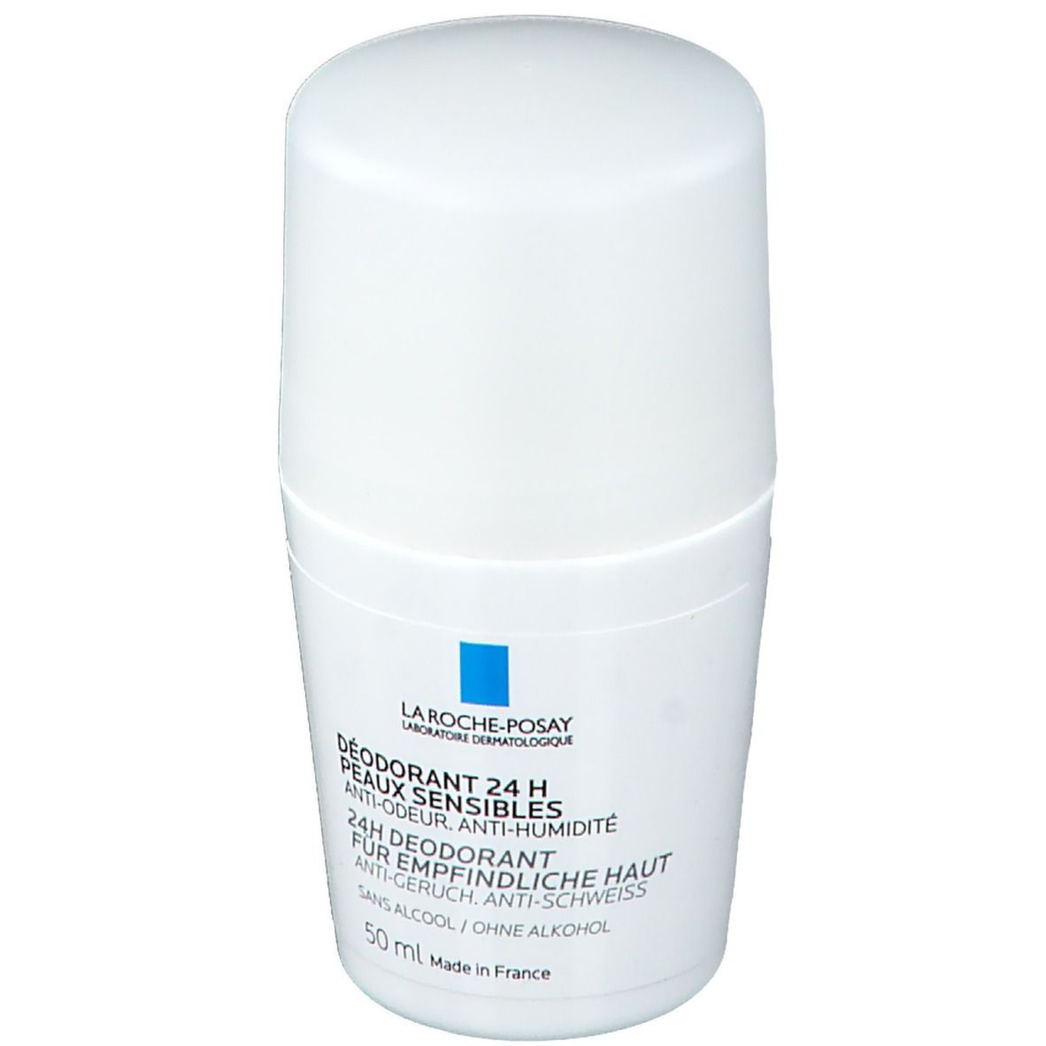 Weißer Roll-on-Deo von La Roche-Posay. Text: Déodorant 24 H Peaux Sensibles. 50 ml.